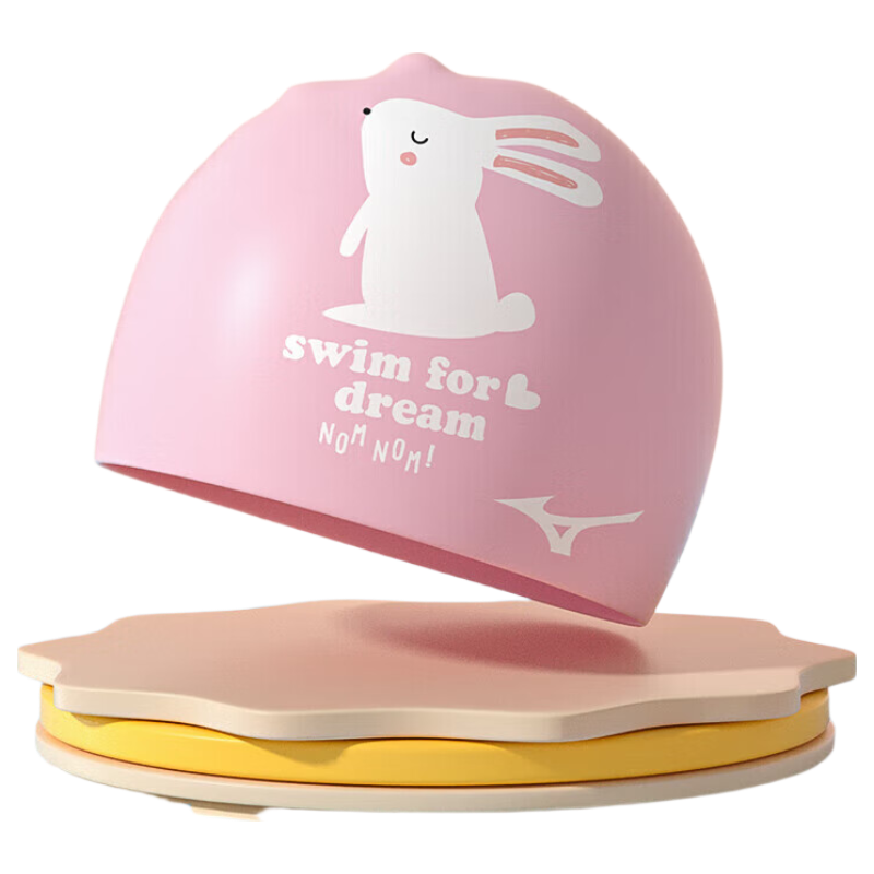 MIZUNO Children's Swimming Cap for Girls, Silicone Non-Binding Cute Professional Waterproof Ear Protection Printed Swim Cap N2CW2S12 Pink And White Rabbit