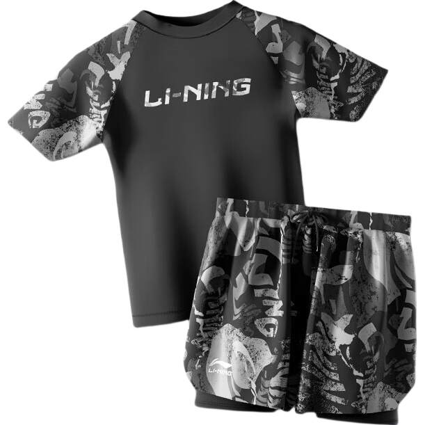 Li-Ning Men's Swim Trunks, Anti-Embarrassment Two-In Hot Spring Swim Shorts And Swimsuit Set, Swimming Equipment, 3068 Black And Gray, 4XL