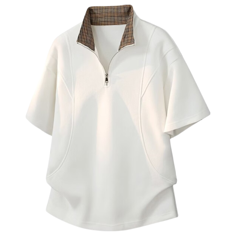 MMOPTOP American Deconstructed Half-Zip Stand Collar Polo Shirt Men's Summer Cotton Raglan Short Sleeve T-Shirt MP24 White XL