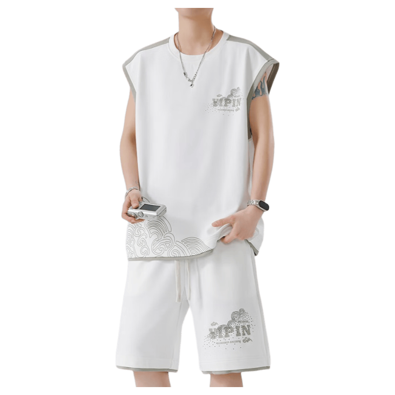 Foss Phil Men's Summer Sports Set Ice Silk Sleeveless T-Shirt and Loose Shorts Vest T07 White 2XL