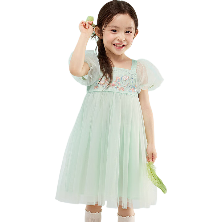 BALABALA Girls' Dress, Children's Summer Dress, Baby Puff Sleeve Chinese-Style Tulle Skirt, Big Girl Princess Dress, Exquisite