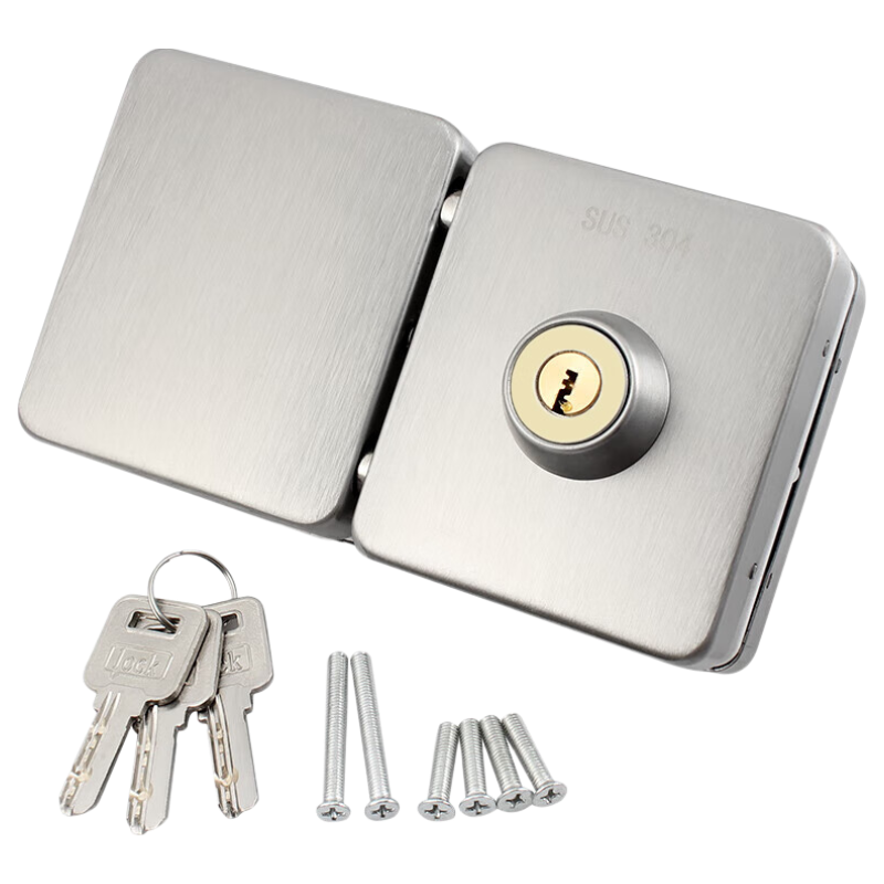 Aoben Lock for Glass Doors, 304 Stainless Steel, No Drilling Required, Door Lock 828, Double Door Brushed Steel