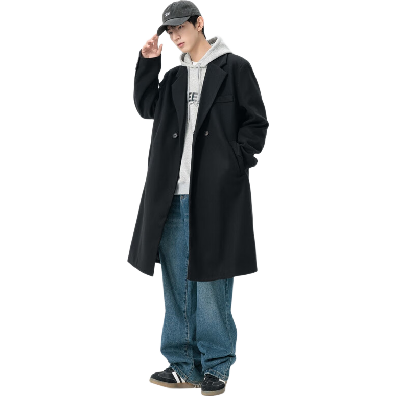 Dingfengbaoluo Men's Woolen Coat Autumn Winter Mid-Length Korean Style High-Quality Loose Over-the-Knee Wool Trench Coat HT88 Black 3XL