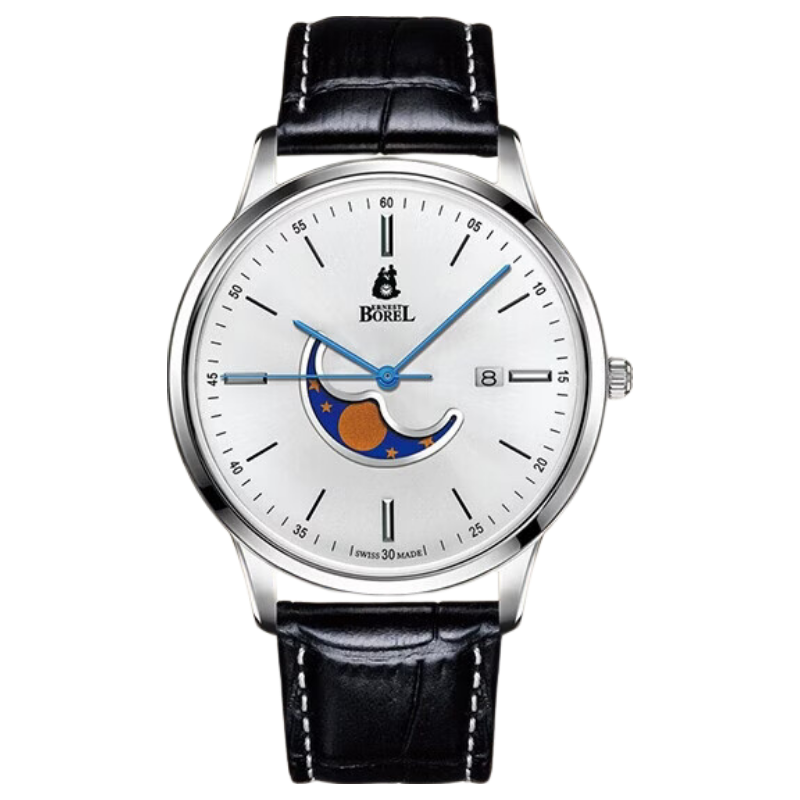 ERNEST BOREL Swiss Men's Watch [Mid-Autumn Festival Gift] Elegant Series Quartz Men's Watch with Blue Hands And Moon Phase, Gift for Boyfriend