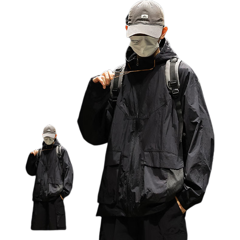 Dingfengbaoluo Men's American Style Workwear Sun Protection Jacket Summer Loose Thin Ice Silk Breathable Outdoor Jacket DC21 Black 2XL