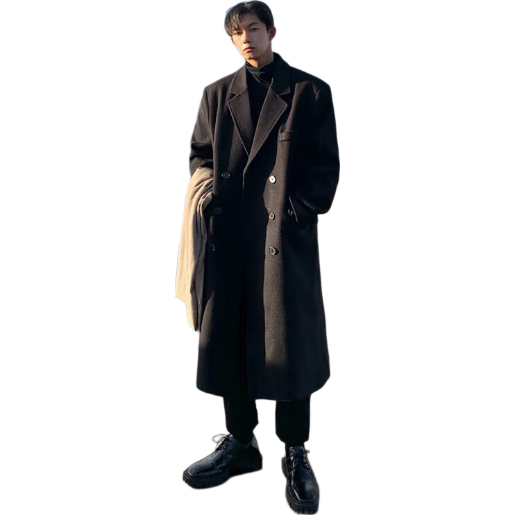 Dingfengbaoluo Men's Woolen Coat Autumn Winter Mid-Length High-End British Style Woolen Trench Coat 99 Black Fleece Lined M