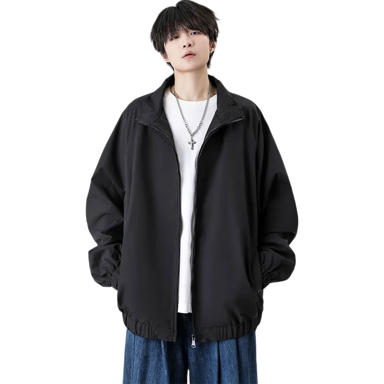 Dingfengbaoluo Casual Men's Jacket Autumn Solid Color Simple Versatile Fashion Loose Coat KD16 Black S