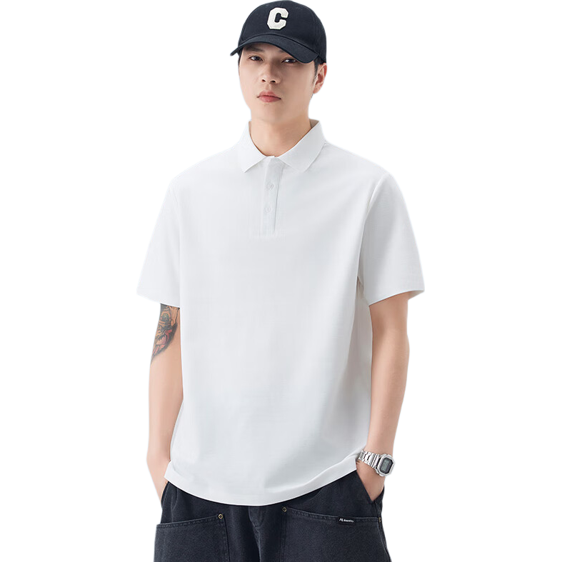 Dingfengbaoluo American Heavyweight Polo Shirt for Men, Spring And Summer Collared Comfortable Breathable Short-Sleeve T-Shirt QZ20 White L