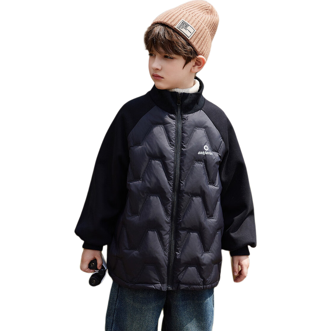 ASK JUNIOR Boys' Down Jacket Autumn Winter Warm 90% Down Raglan Sleeve Zip-up Coat Black 160cm