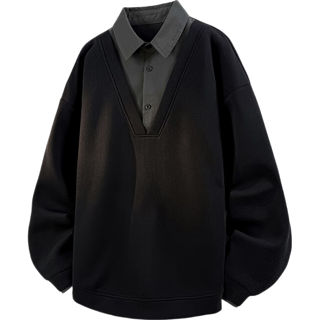 Dingfengbaoluo Men's Autumn Sweatshirt Fake Two-Piece Vintage Trendy Loose Pullover Casual Long Sleeve Shirt Collar XCD31 Black 3XL