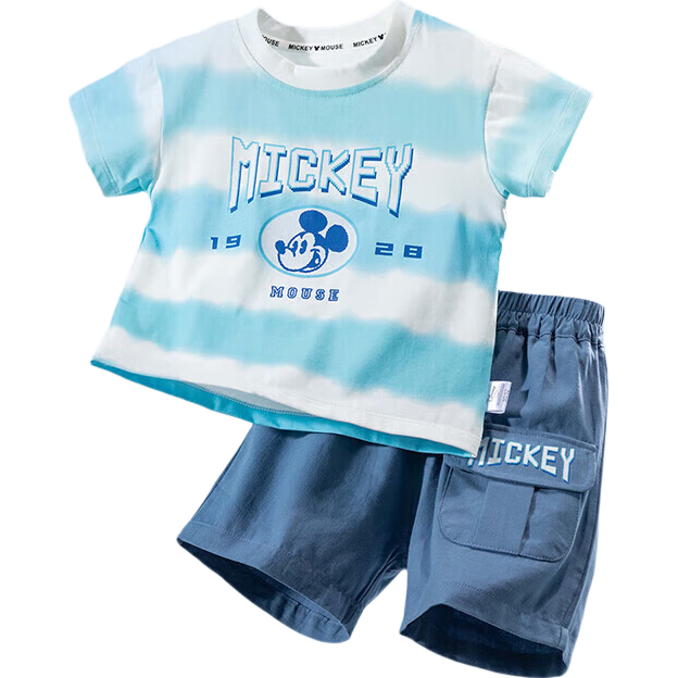 Disney Boys' Short Sleeve and Shorts Set Mickey Cartoon Casual Fashion Comfortable Breathable Summer New Blue Stripes Size 90