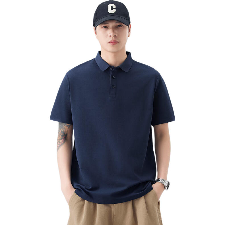 Dingfengbaoluo American Heavyweight Polo Shirt Men Spring Summer Breathable Short Sleeve T-Shirt QZ20 Navy XL