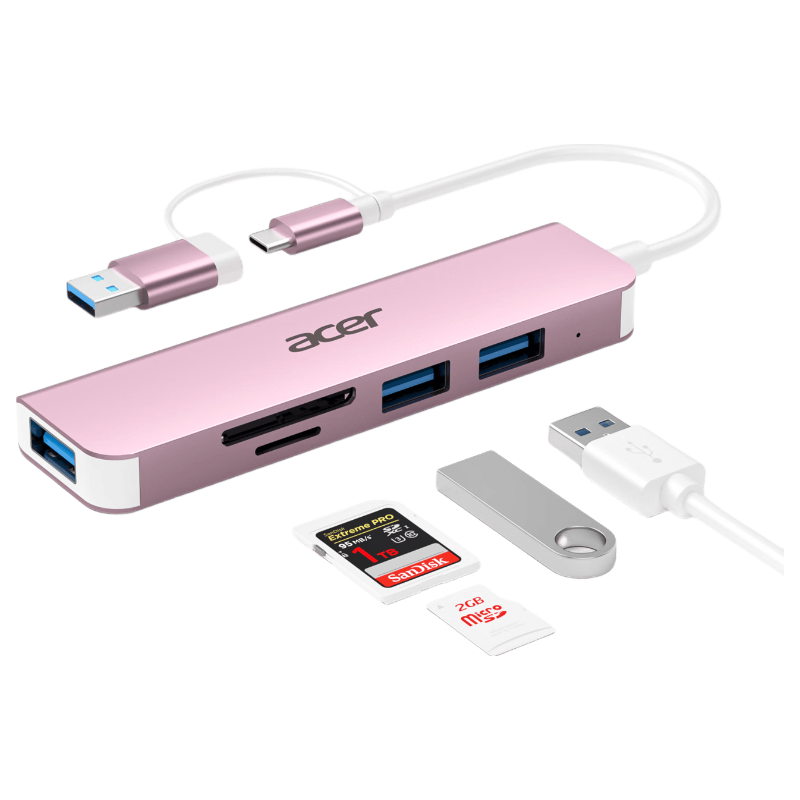 Acer Type-C USB Hub USB 3.0 Splitter SD/TF Card Reader Adapter Compatible with Huawei MacBook Laptop Converter 5-in-1 Pink