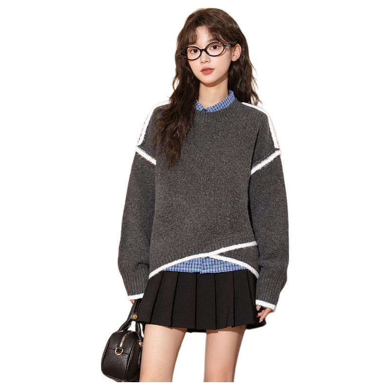 TANGSHI 2025 Autumn Winter Women's Crew Neck Contrasting Stitch Design High-Low Knit Sweater