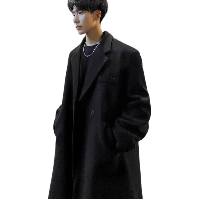 Homlean Men's Woolen Coat Autumn Winter Mid-Length Korean Style High-Grade Loose Over-the-Knee Wool Trench Coat HT21 Black L