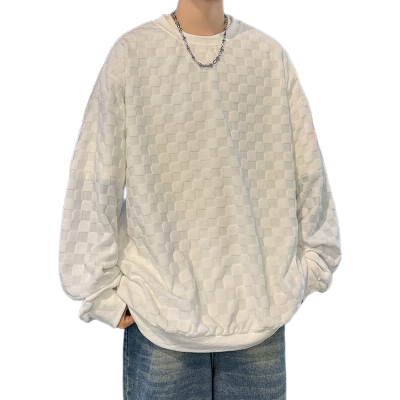 Dingfengbaoluo Japanese-Style Plaid Crew Neck Sweatshirt for Men, Spring Loose-Fitting High-End Casual Base Layer Top DFL77 White 4XL
