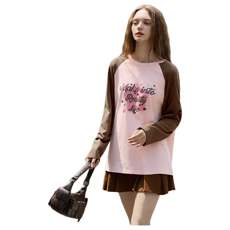 TonLion Autumn And Winter Women's Knitted Round Neck T-Shirt with Front Chest Star Pattern, Raglan Sleeve, High-End Look, Slimming Effect