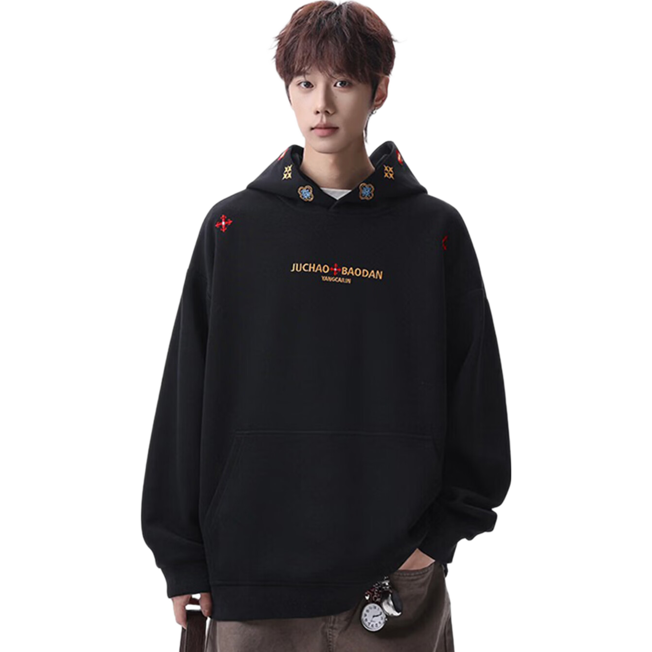 Dingfengbaoluo American Style Trendy Hoodie Men Spring Autumn Embroidered Casual Long Sleeve JC72 Black XL