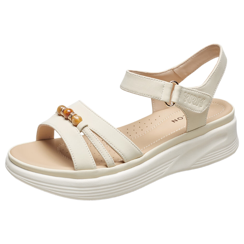 Yierkang Women's Shoes, Fairy-Style Wedge Sandals, Perfect for Dresses, Beach Shoes, Thick-Soled Mom Sandals, 18074W, Beige, Size 35