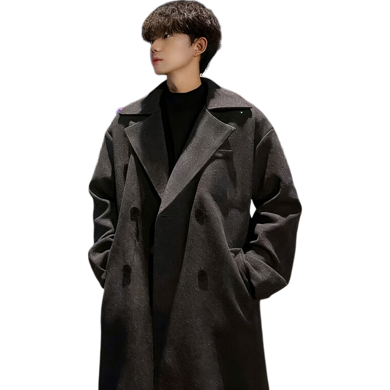 Homlean Men's Woolen Coat Autumn Winter Mid-Length Korean Style High-Quality Loose Over-the-Knee Wool Trench Coat HT21 Gray 4XL