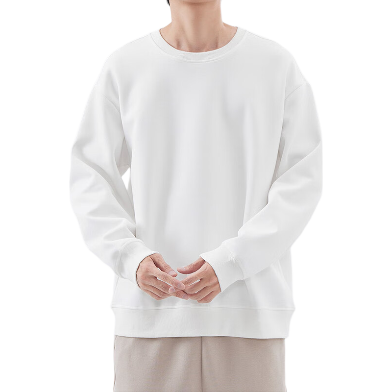 Dingfengbaoluo Trendy Brand Solid Color Crew Neck Sweatshirt, Men's Spring Loose Casual Versatile Long-Sleeve Top, WH-W White 2XL