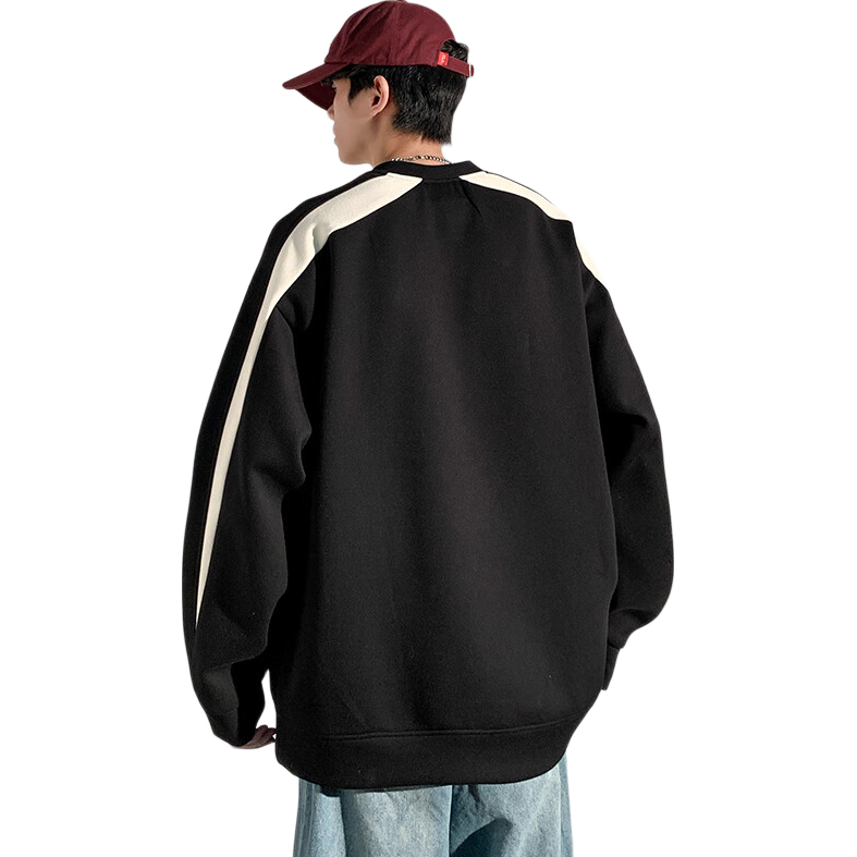 Dingfengbaoluo American-Style Sweatshirt for Men, Spring Vintage Long-Sleeve T-Shirt, Trendy Color-Block Patchwork, Loose Round Neck, DFL02 Black M