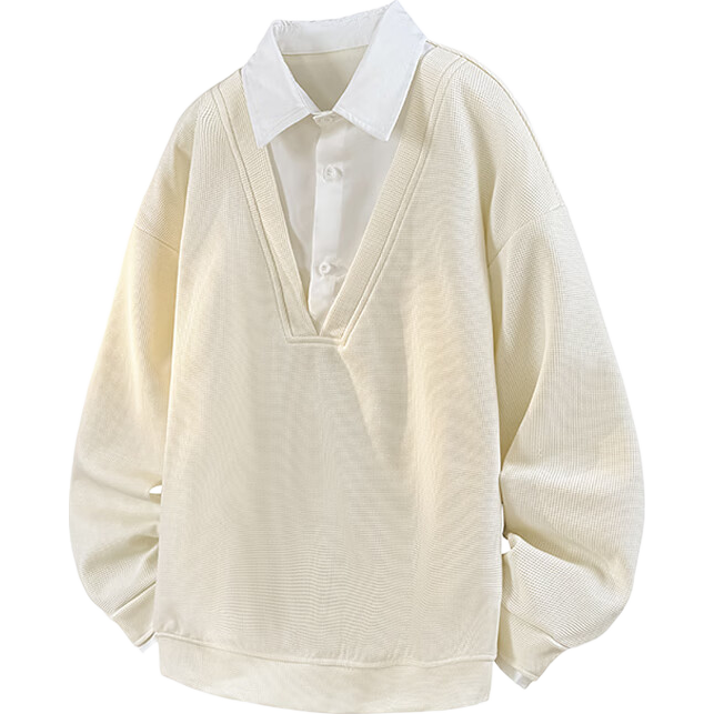 Dingfengbaoluo Men's Autumn Sweatshirt Fake Two-Piece Vintage Trendy Loose Pullover Casual Long Sleeve Shirt Collar XCD31 Apricot 3XL