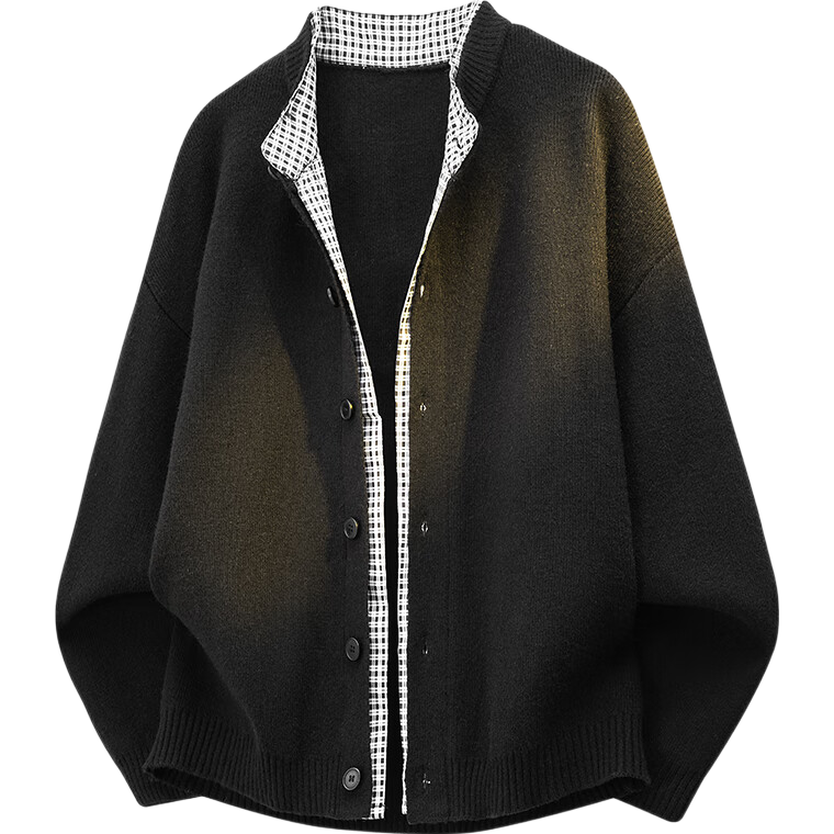 Homlean Heavyweight Faux Two-Piece Knit Cardigan Jacket Men Autumn Winter Retro Loose Lazy Style HS67 Black L