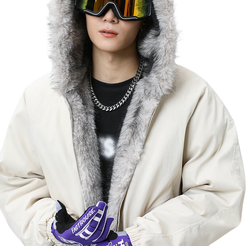 Homlean Heavyweight Fur Collar Hooded Eagle Cotton Jacket Unisex Winter Fleece Warm Couple Coat HY98 Khaki L