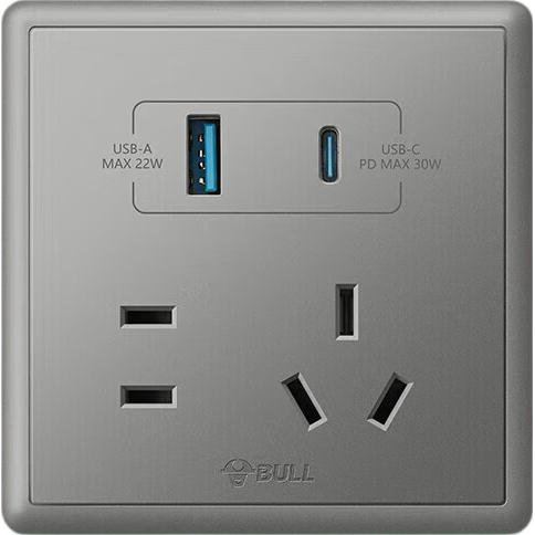 BULL Switch Socket Five-Hole Socket with USB + Type-C Interface, 30W Fast Charging G36E537A, Space Gray, Concealed Installatio