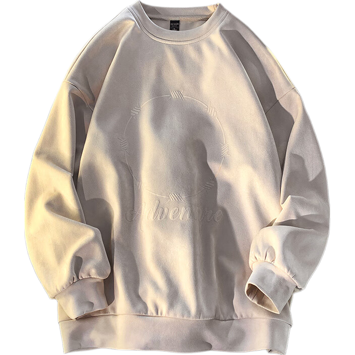 Dingfengbaoluo Suede Sweatshirt, Long Sleeve Men's American Vibe Style, Spring Trendy Printed Base Layer, Loose Fit DFL01 Beige 2XL