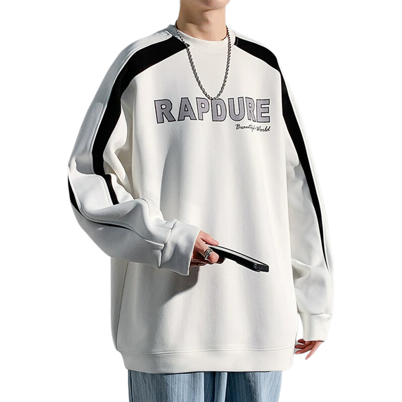 Dingfengbaoluo American-Style Sweatshirt for Men, Spring Vintage Long-Sleeve T-Shirt, Trendy Color-Block Patchwork, Loose Round Neck, DFL02 White XL