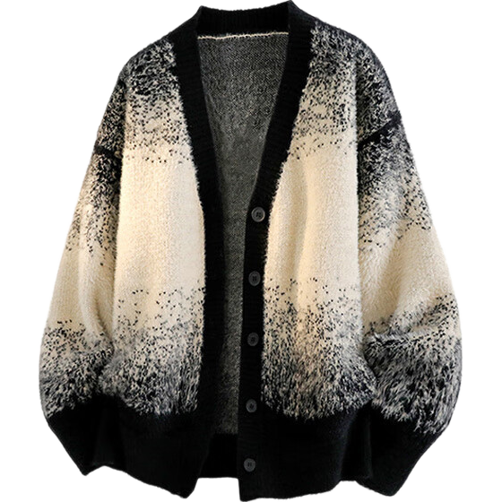 Dingfengbaoluo American Style Tie-Dye Knit Sweater Men Autumn Gradient Lazy Loose Casual Long Sleeve Top XRN10 Black 3XL