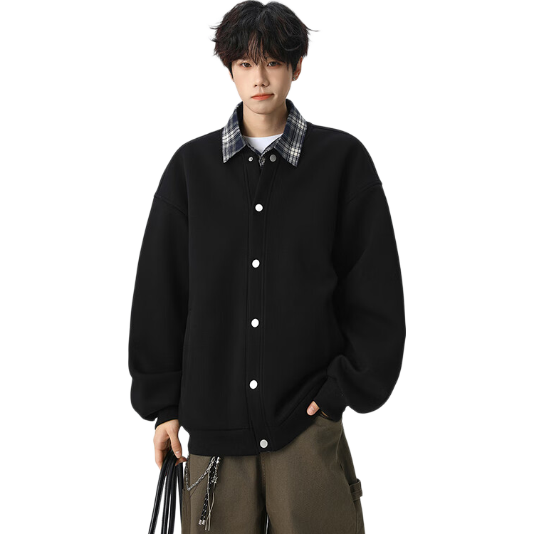 Dingfengbaoluo American Plaid Patchwork Two-in-One Cardigan Sweatshirt High-End Loose Casual Jacket XDO12 Black M
