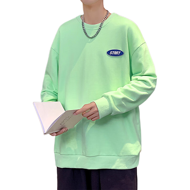Homlean American Retro Crew Neck Sweatshirt for Men, Autumn Long-Sleeve Pullover Top, Versatile Casual Simple HM03 Fluorescent Green 3XL