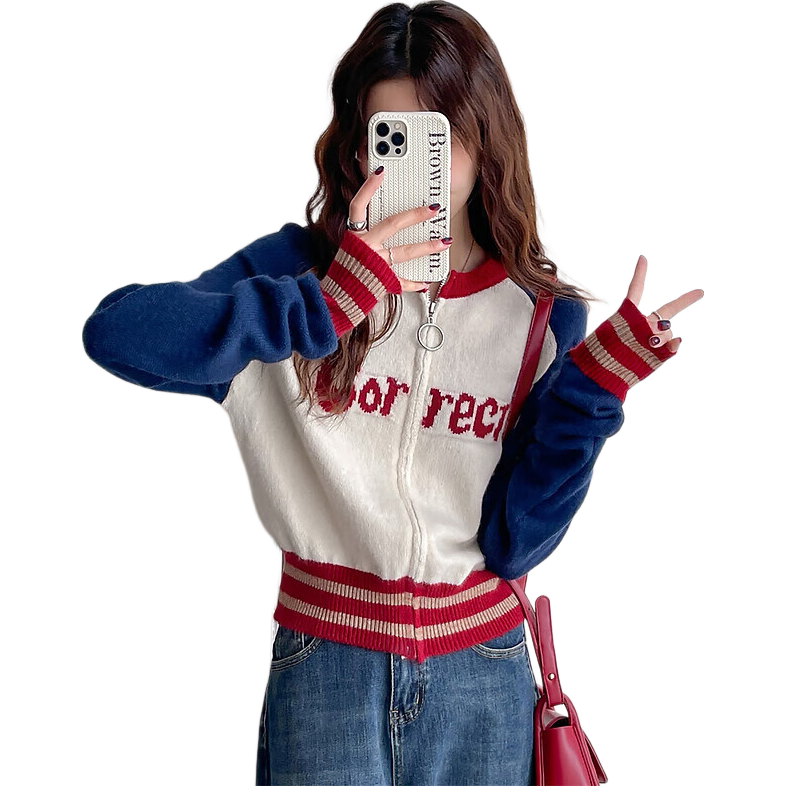 TonLion 2025 Autumn Letter Print Zip-Up Knit Cardigan Casual Stylish Versatile Trendy