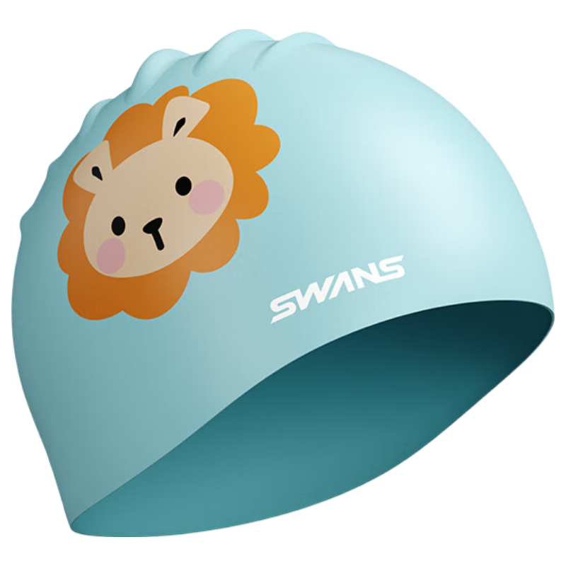 SWANS Quick-Install Children's Swim Cap, Boys' Waterproof Non-Binding Cartoon Ear Protection Silicone Swimming Cap, Blue Lion Desig