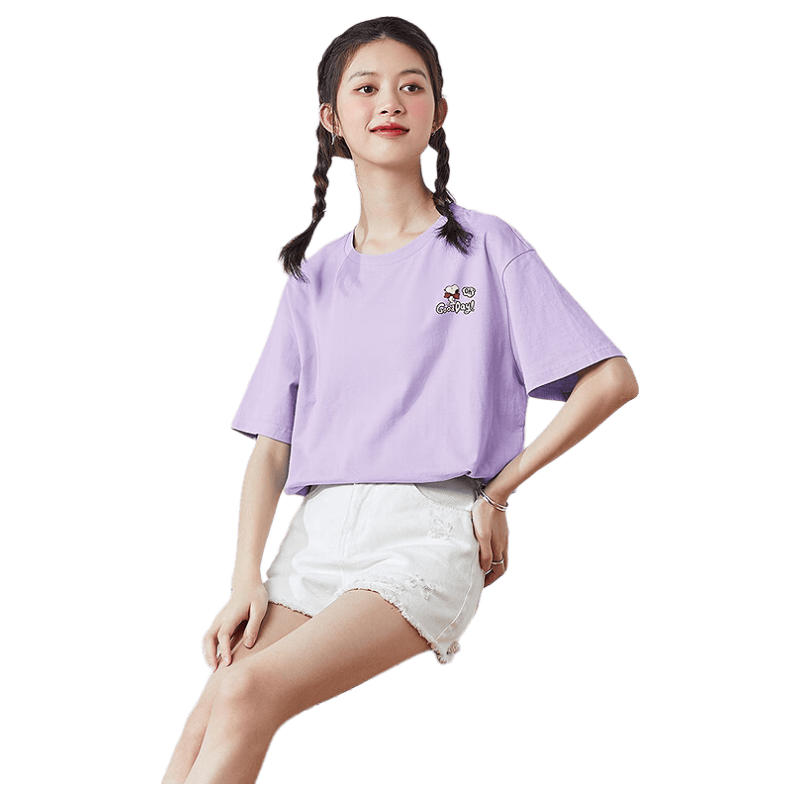TonLion 2025 Summer Women's New Round Neck Short Sleeve T-Shirt Versatile [Snoopy Collaboration] L Light Purple