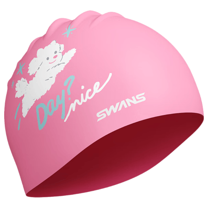 SWANS Quick-Install Children's Silicone Swim Cap, Cartoon Waterproof Ear Protection, Highly Elastic Non-Binding Cute Swimming Cap, Pink Puppy Desig