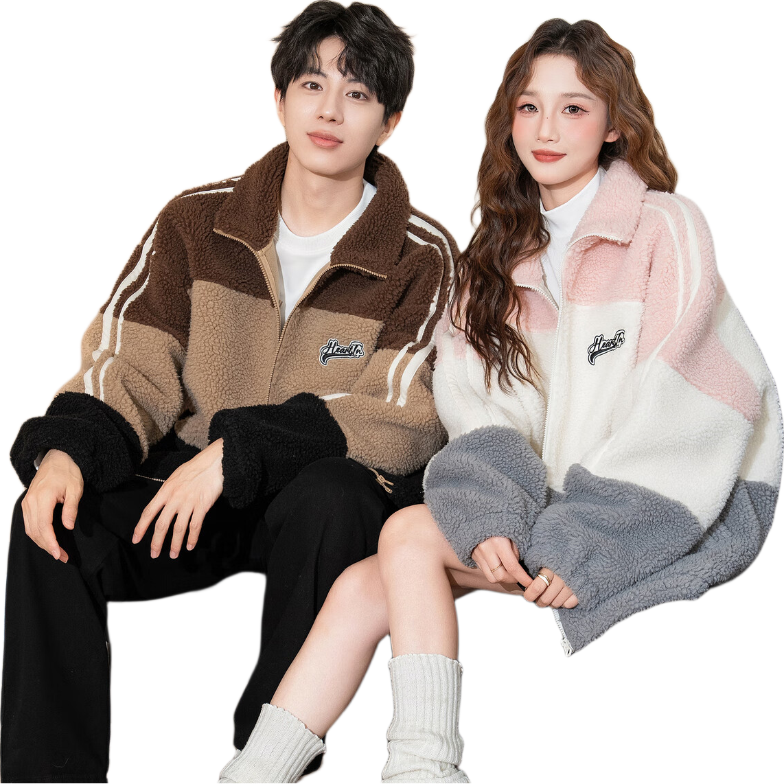TonLion 2025 Winter Couple Stand Collar Patchwork Left Chest Embroidered Short Faux Shearling Thick Jacket