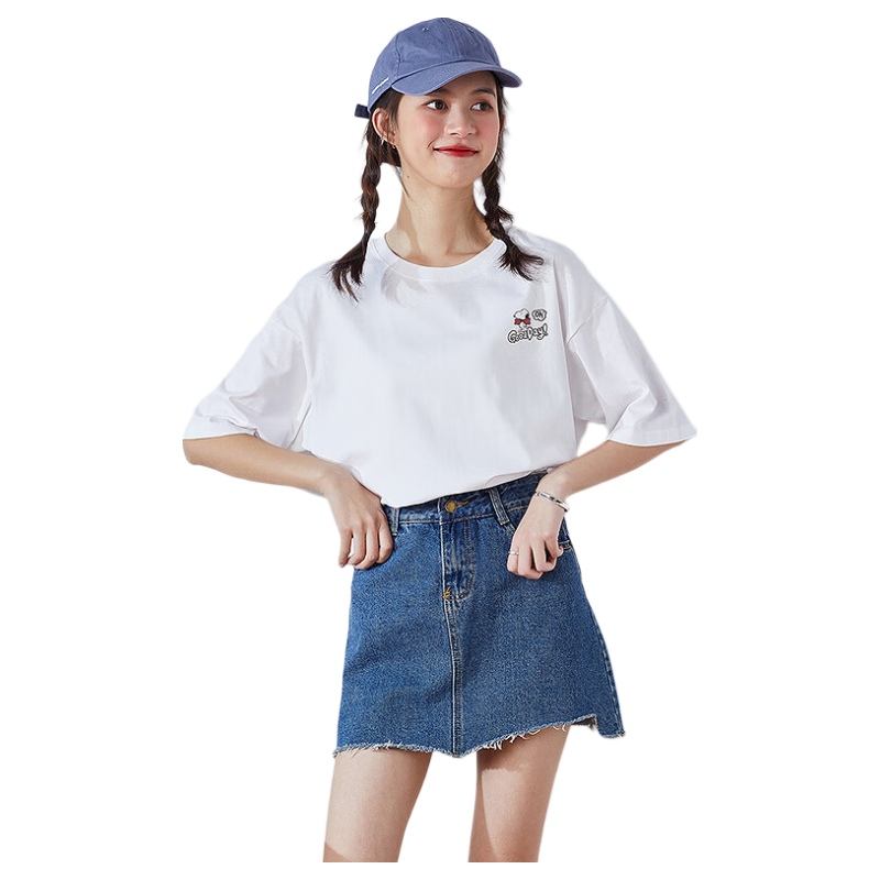 TonLion 2025 Summer Women's New Round Neck Short Sleeve T-Shirt Versatile [Snoopy Collaboration] L Off-White