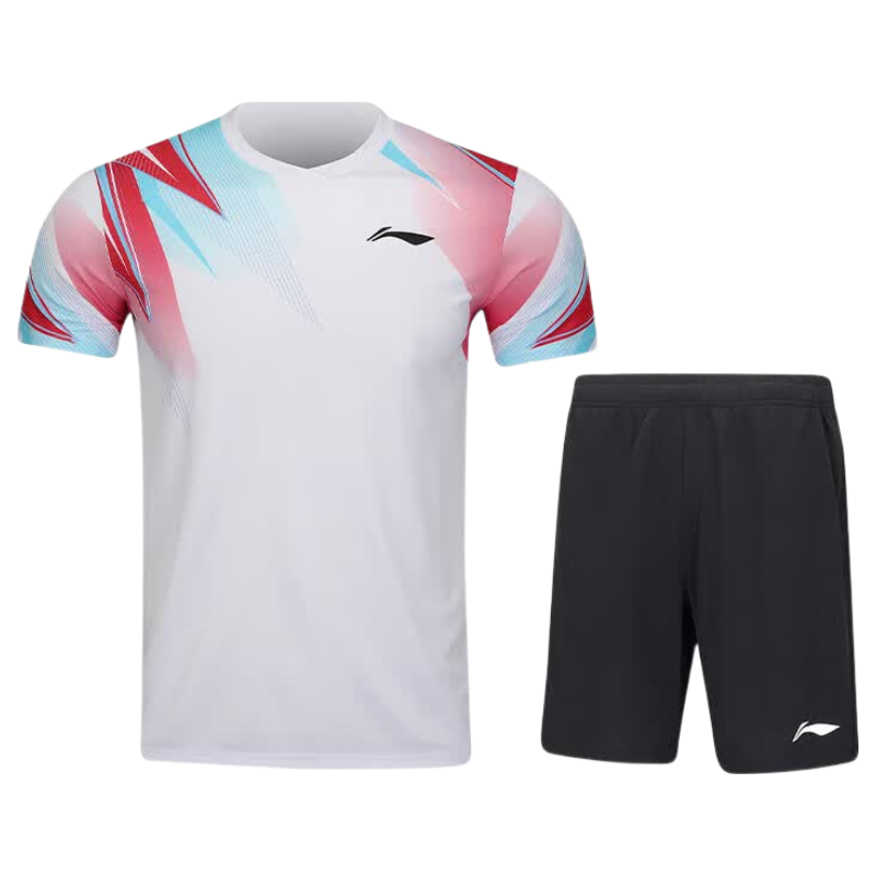 LI-NING Unisex Badminton Short Sleeve Set Club Competition Training Breathable Quick-Dry T-Shirt and Shorts Sportswear