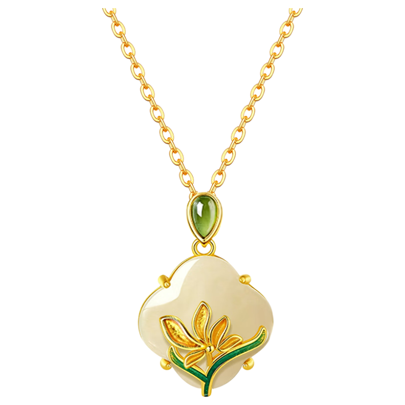 King Tai Fook Magnolia Blossom Hetian Jade Necklace for Women Chinese Style Elegant Clavicle Chain Silver Pendant Birthday Gift for Mom