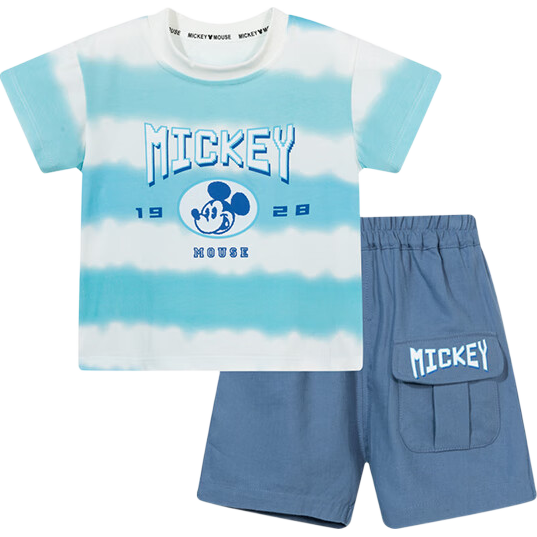 Disney Boys' Short-Sleeve Shorts Set, Cartoon Versatile Fashionable Comfortable Breathable Summer New Style, Blue Stripe, Size 100