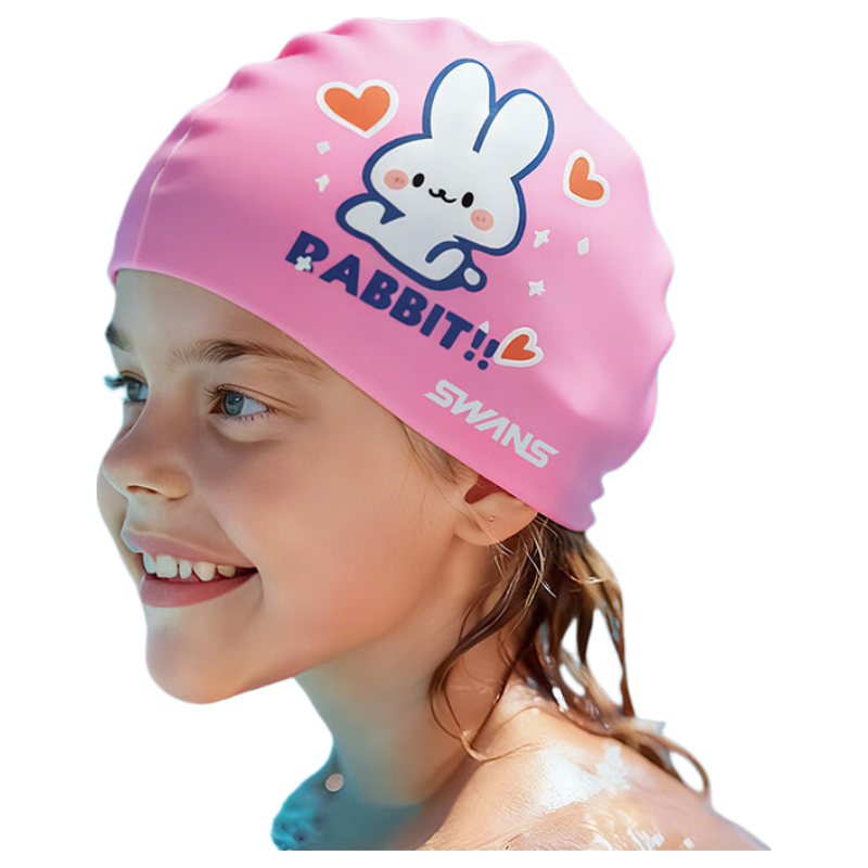SWANS Quick-Install Children's Silicone Swim Cap with Cartoon Print, Waterproof Ear Protection, High Elasticity, Non-Binding, Pink Rabbit Desig