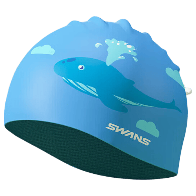 SWANS Swimming Cap for Children, Silicone Printed Fashion Cartoon Waterproof Ear Protection Long Hair CYMSA19-5 Blue Whale