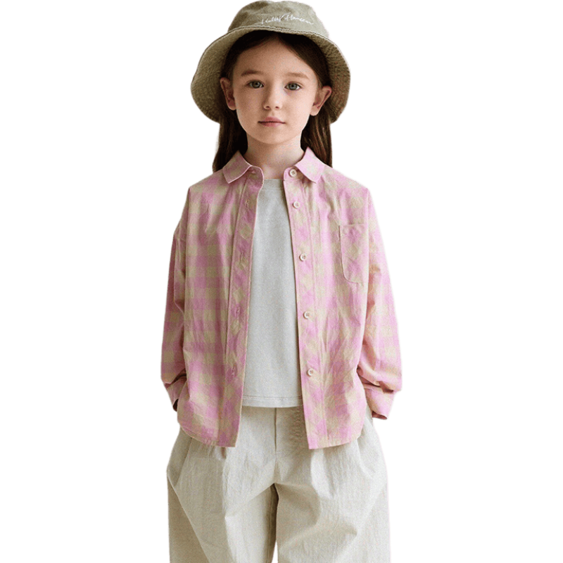 YoonA Mom Girls 2026 Spring Summer Elegant Plaid Shirt Summer Sun Protection Shirt Pink In Stock Size 140