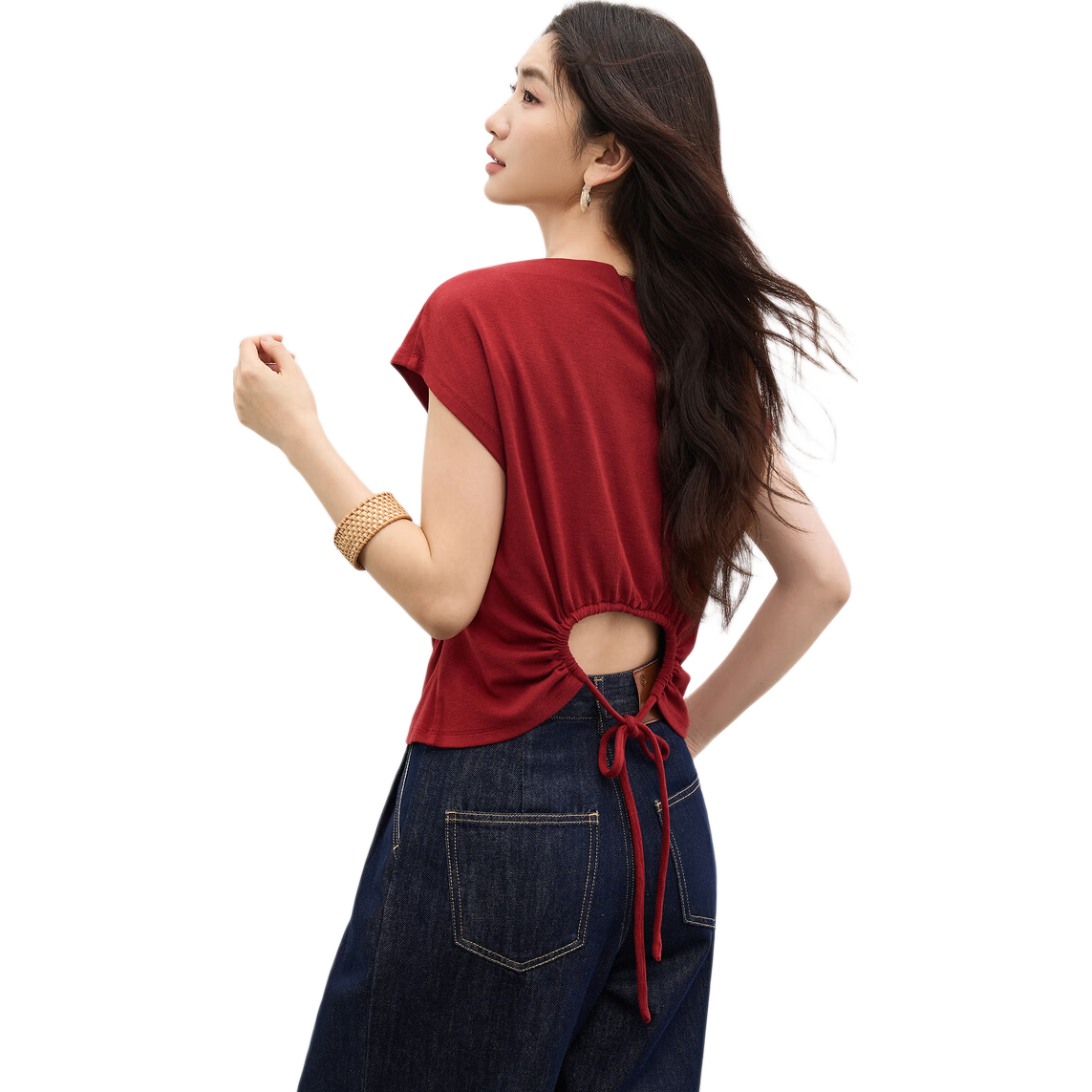 Shangdu Bila Back Waist Hollow Out Pleated Cotton Blend T-Shirt Women Spring Summer Petite Raglan Short Sleeve Slim Fit Top