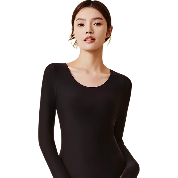 Langsha Women's Thermal Underwear Autumn Winter 10A Antibacterial Skin Care Base Shirt with Chest Pad Black L