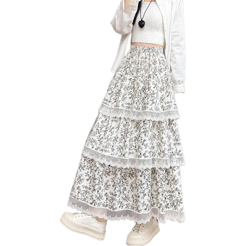 Borui French Lace Floral Print High-Waist Tiered Maxi Skirt Summer 2026 Slimming Puff Skirt
